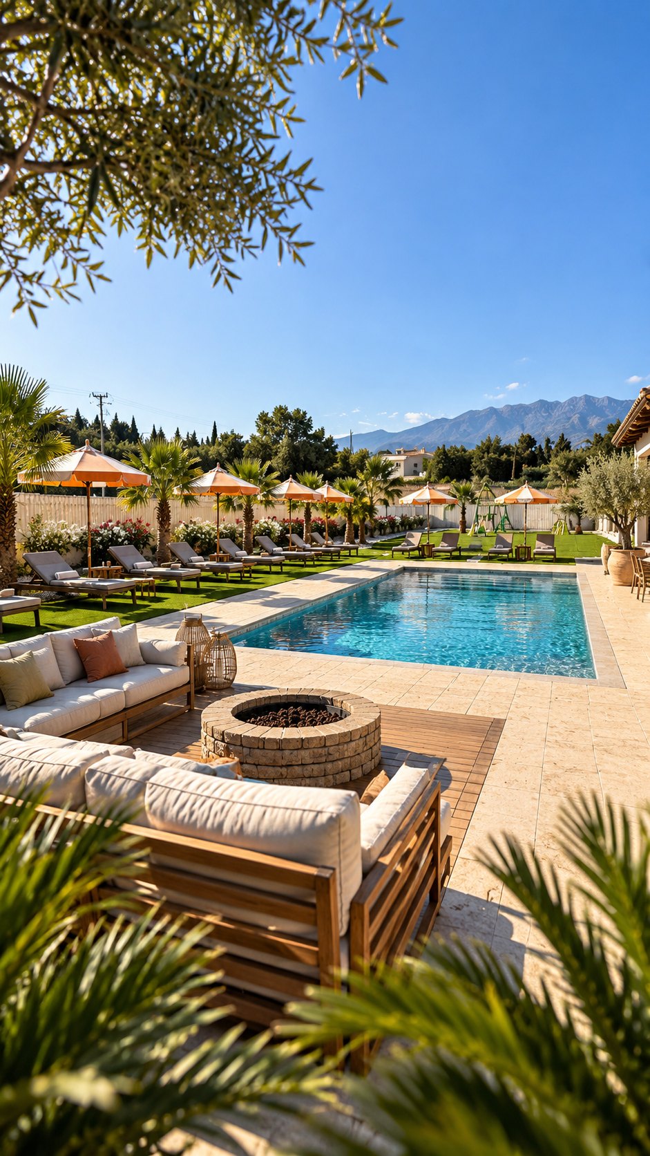 Vue d'ensemble : piscine, terrasse et jardin